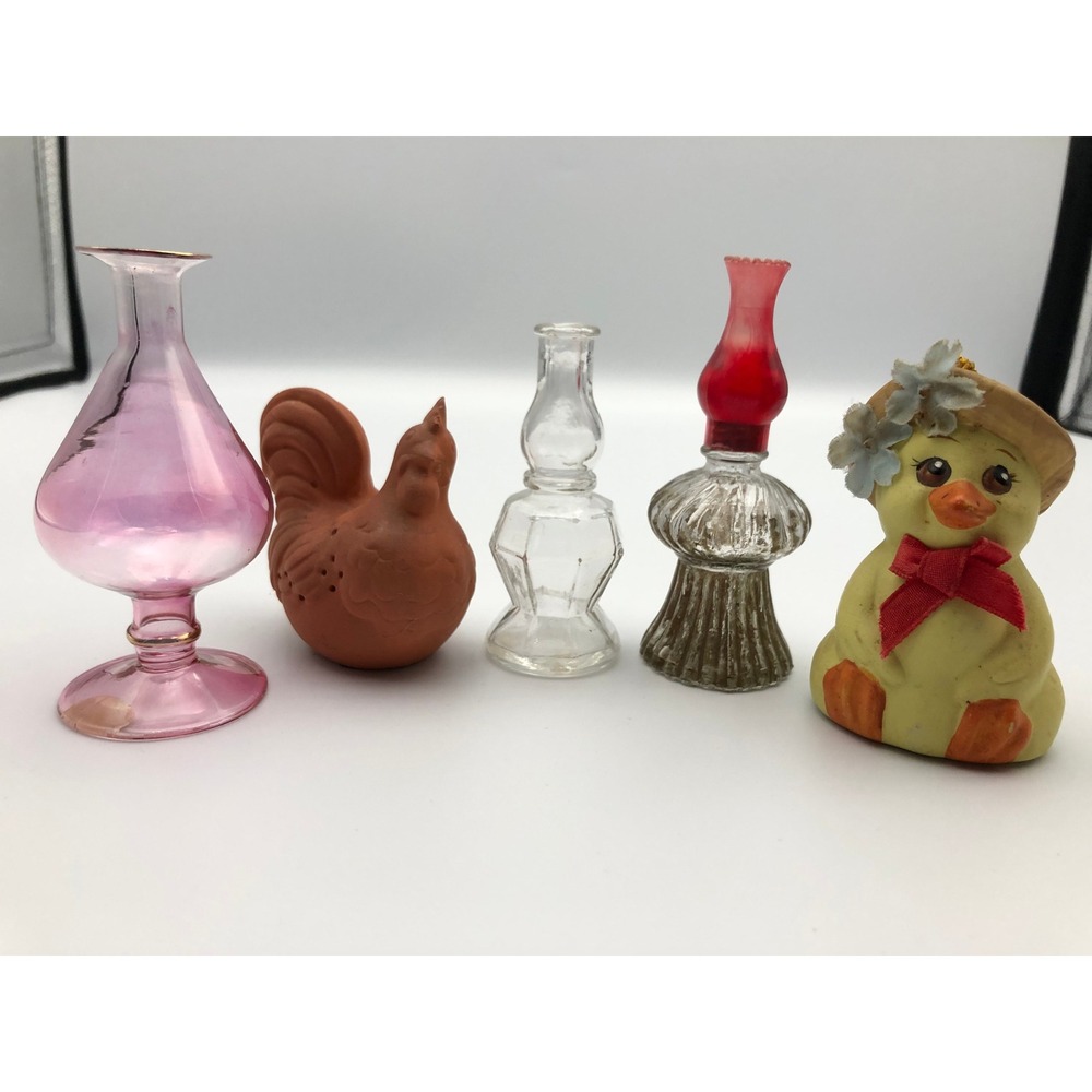 Vtg 80s Miniature Collectibles Lot 5pc Avon Rooster Giftco Duck Bell Glass Vases